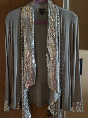 Slinky Brand Silver Sequin Trim Open-Front Women's Top
